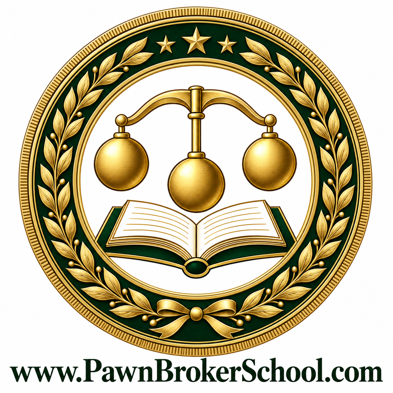 Pawnbroker School seal with a book and the three-ball pawn symbol